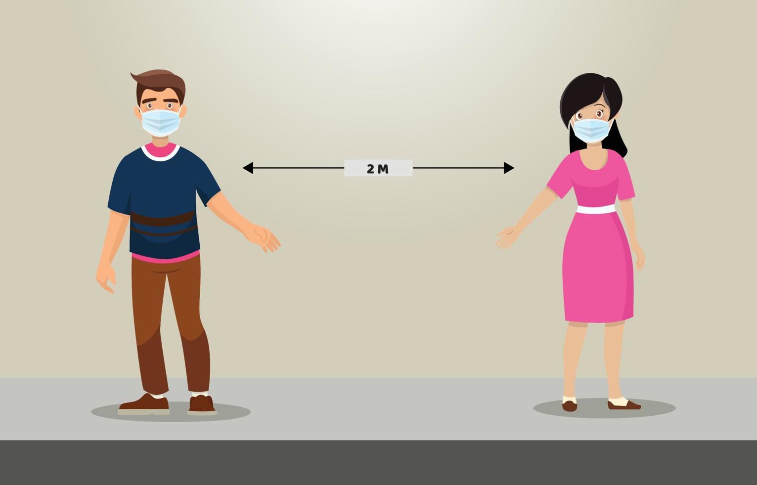 man and woman character wearing surgical or medical face mask maintain social distancing to prevent from virus spreading and flu prevention. coronavirus, social isolation and self quarantine concept. vector
