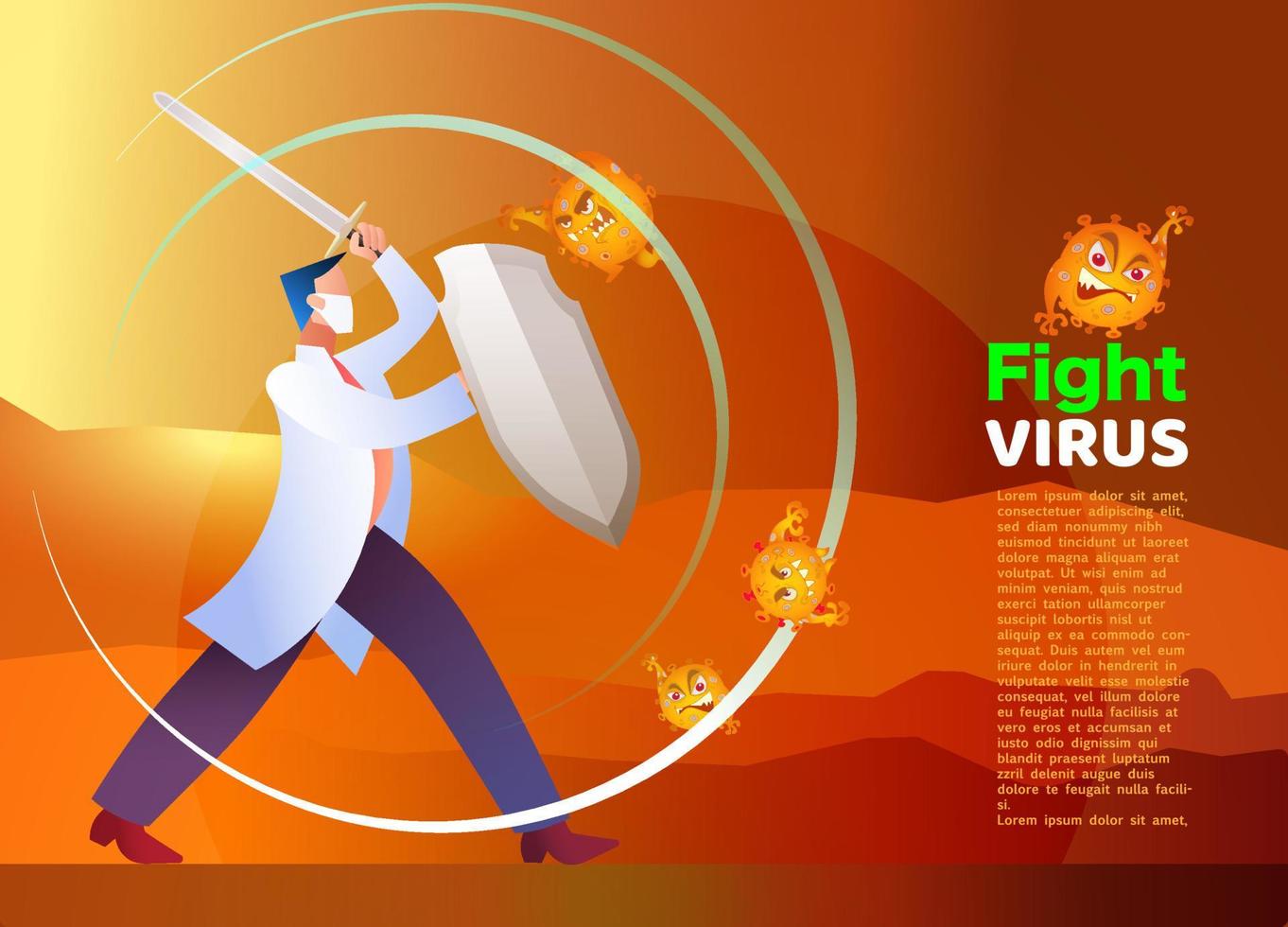 Vector illustration fight covid-19 corona virus. cure corona virus. Doctor fight virus concept