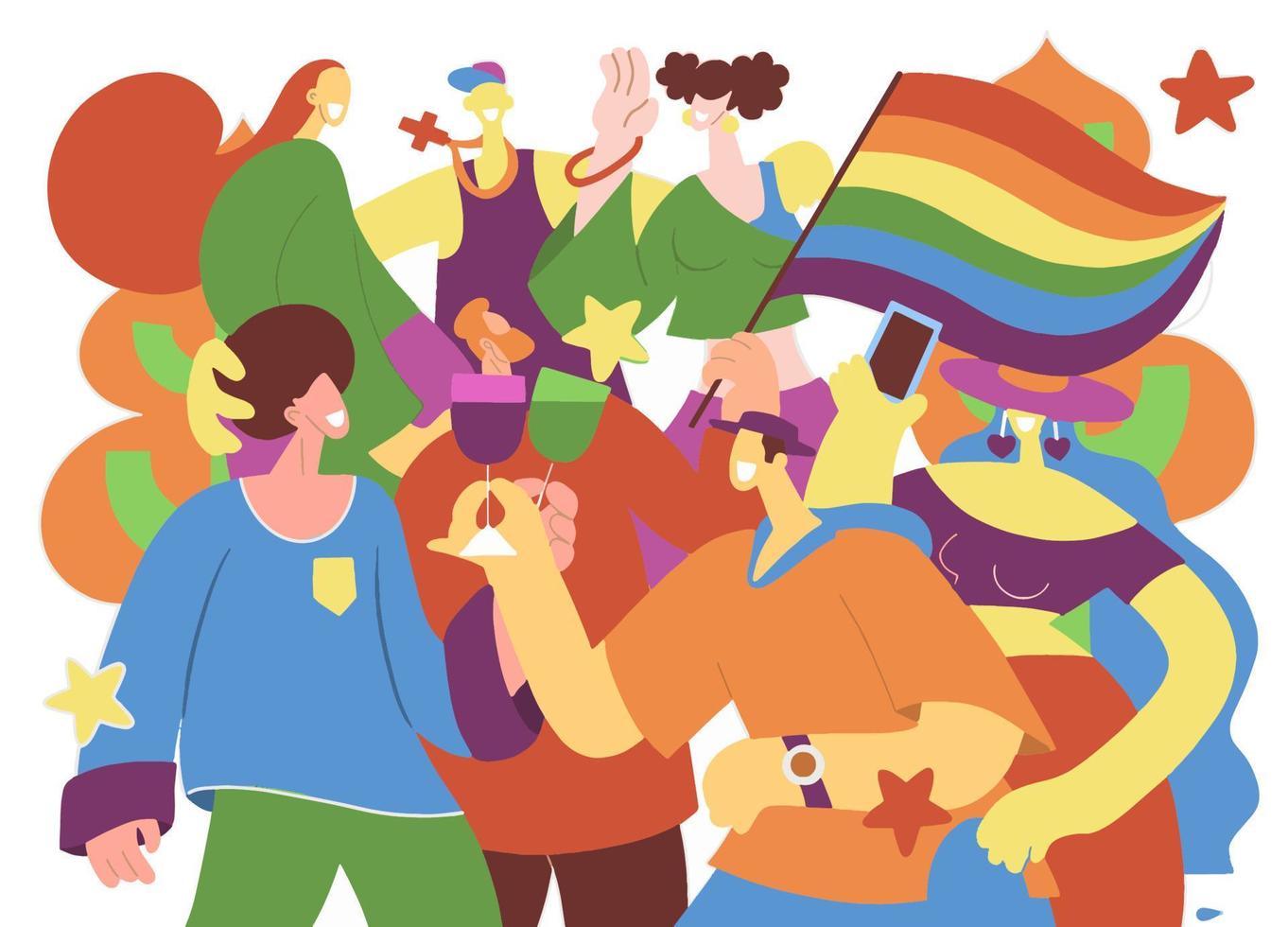 A crowd marching in a Pride parade.a trend that involves a diverse set of people, A vector illustration of a doodle