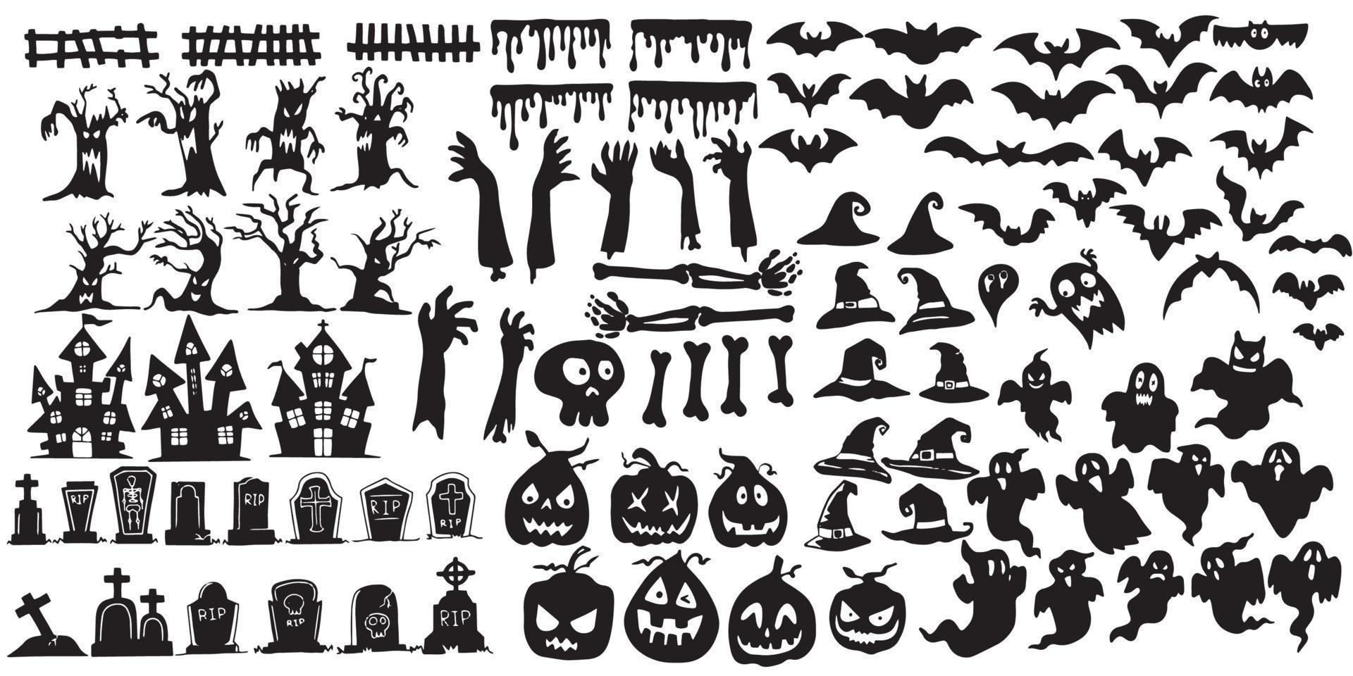 colección de iconos y personajes de siluetas de halloween, elementos para decoraciones de halloween vector premium