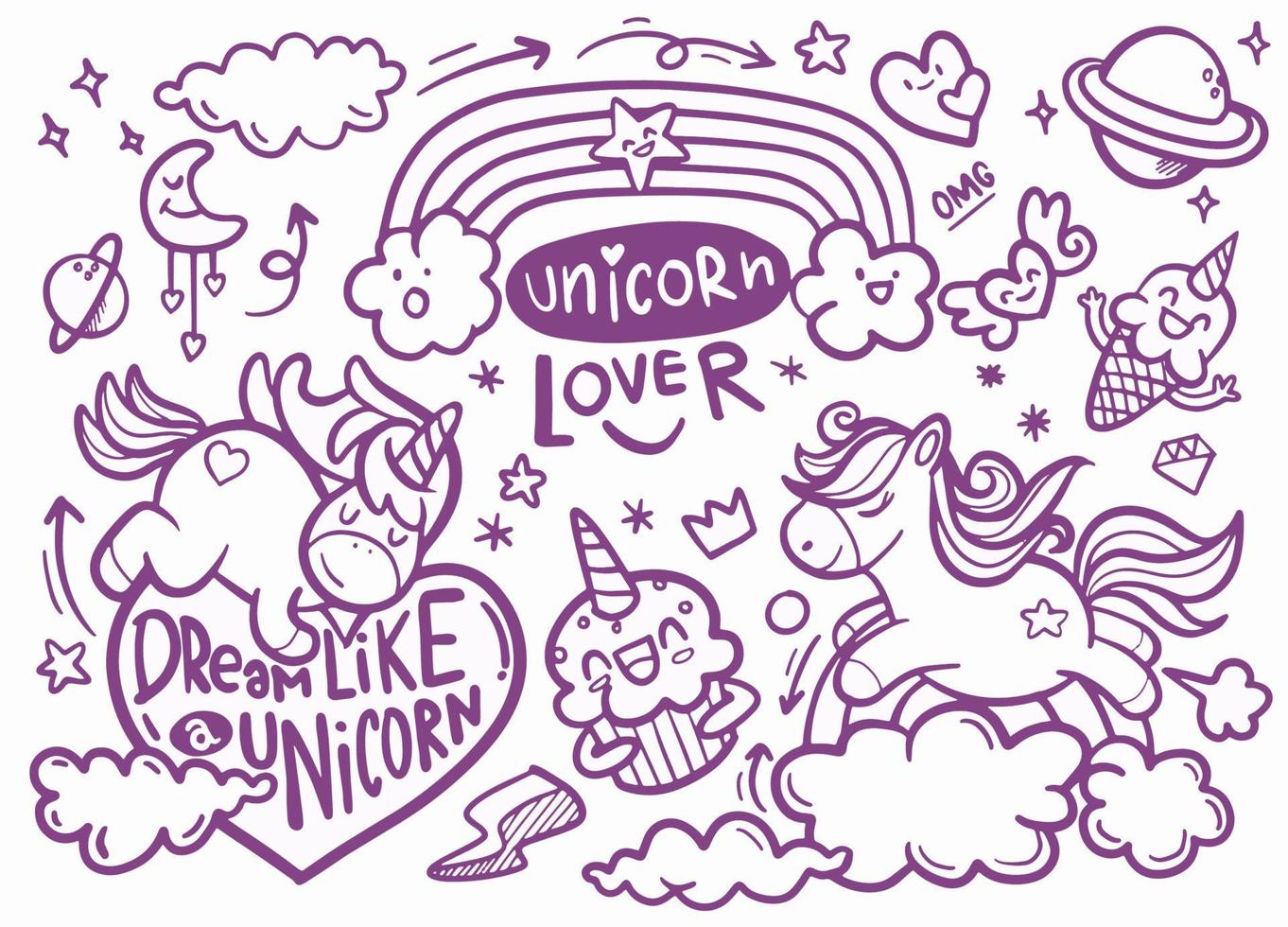 Cute unicorn and pony collection with magic items, rainbow, fairy wings, crystals, clouds, potion. Hand drawn line style. Vector doodles illustrations.