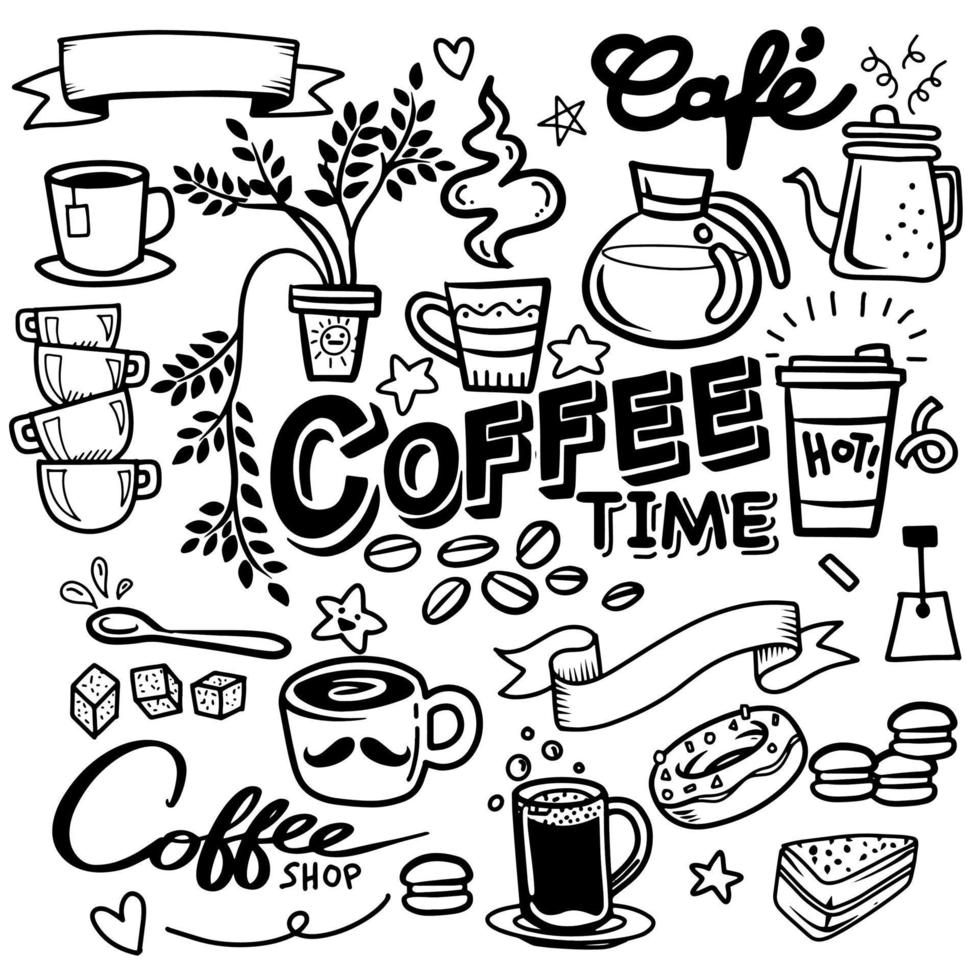 concepto de garabato de café, ilustración de boceto sobre la hora del café. ilustración para libro de colorear vector