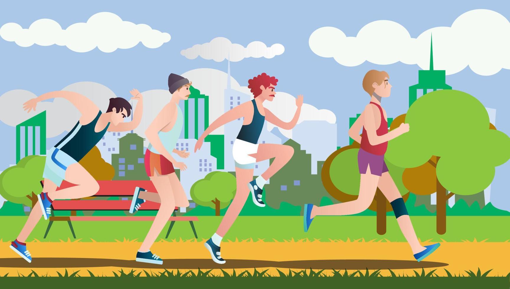 Men  dressed in sports clothes running marathon race. Flat cartoon characters isolated on background. Vector illustration