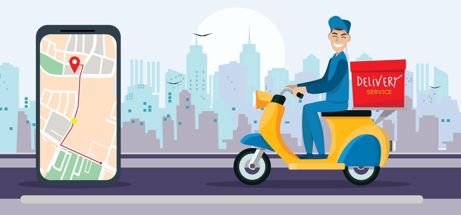 repartidor montando una ilustración de scooter rojo, aplicación de servicio de entrega en el teléfono móvil. moto de entrega y teléfono móvil con mapa en el fondo de la ciudad. ilustración vectorial de estilo plano. vector