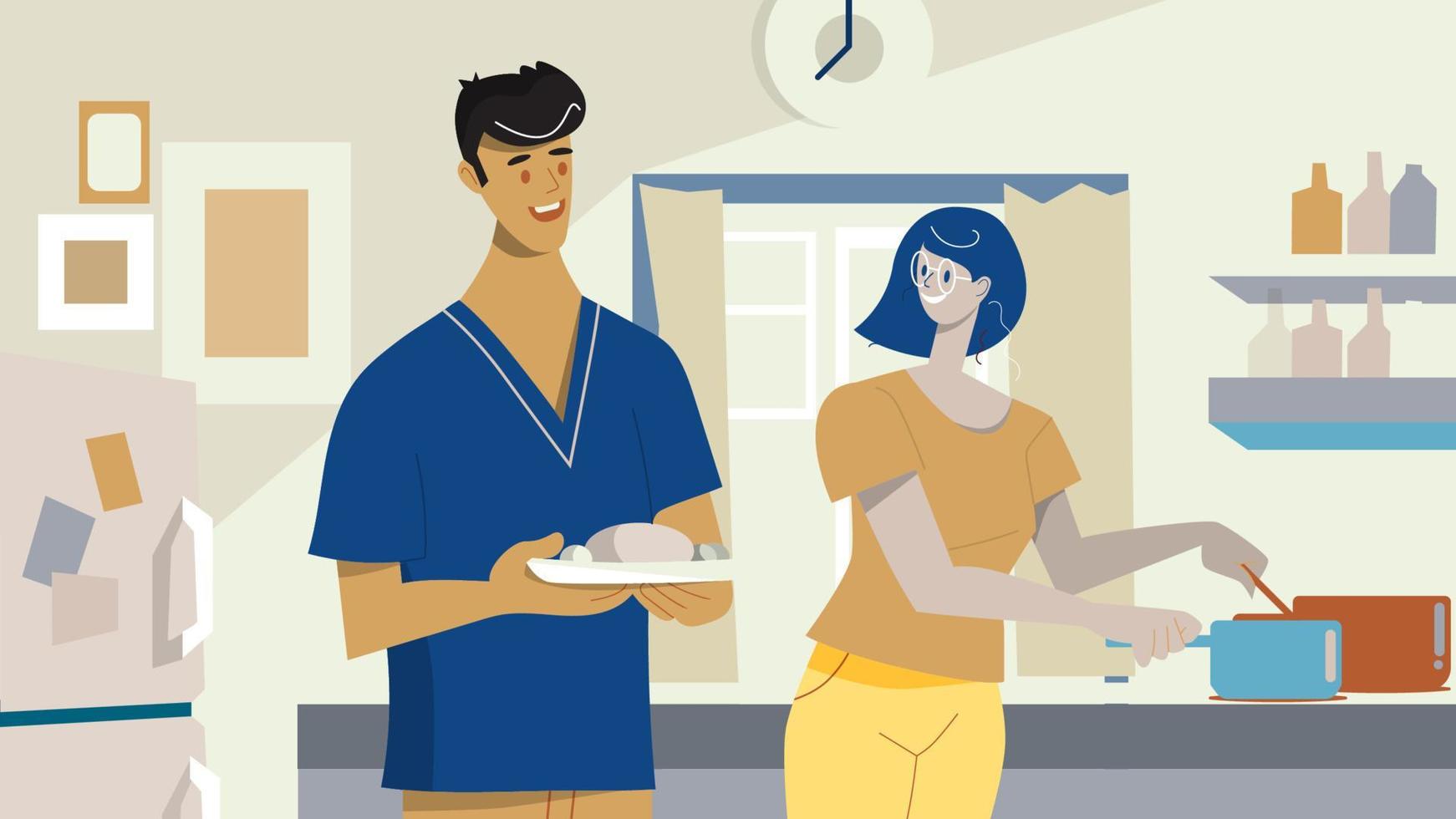 Husband and wife are preparing together. Man and woman in the kitchen. Vector illustration in a flat style