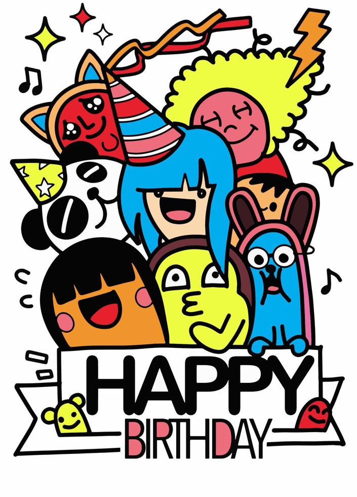 Happy birthday vector design with smileys wearing birthday hat , for party and celebration. Vector illustration.