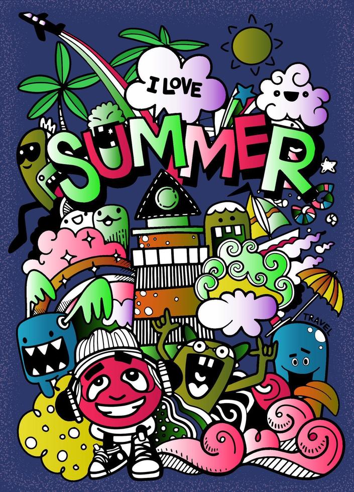 Vector illustration with hand drawn doodle cute Monster and summer elements