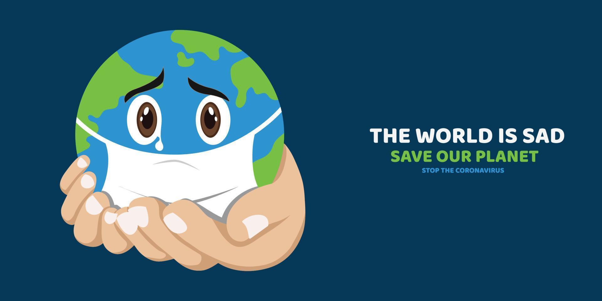 Cute sad Earth, Coronavirus attacking the earth, earth crying cartoon,Corona virus concept.,vector illustration vector