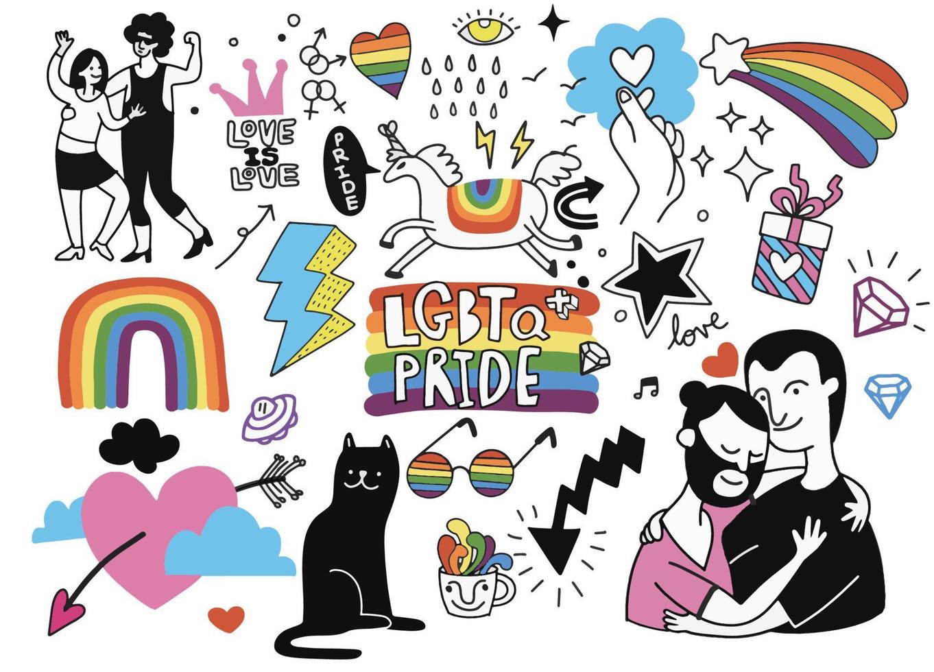 A crowd marching in a Pride parade.a trend that involves a diverse set of people, A vector illustration of a doodle