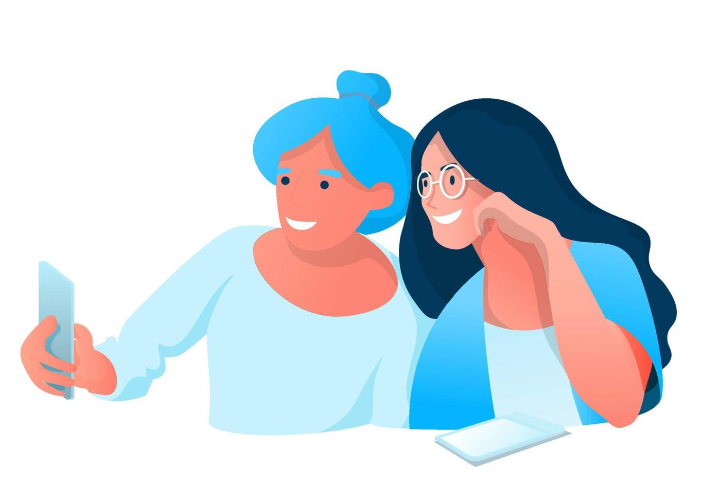 Happy smiling young women friends taking selfie photo vector illustration. Friend girls taking selfie photographing.