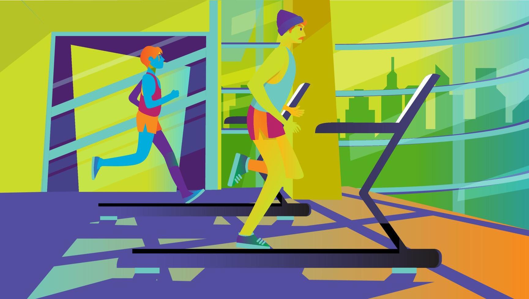 young man running on treadmill isolated. Vector flat style illustration