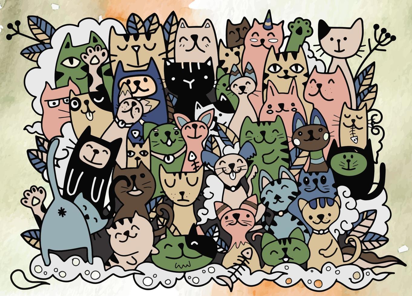 garabatos gatos caras fondo colorido, vector de dibujo a mano, garabatos de estilo de personajes de gato