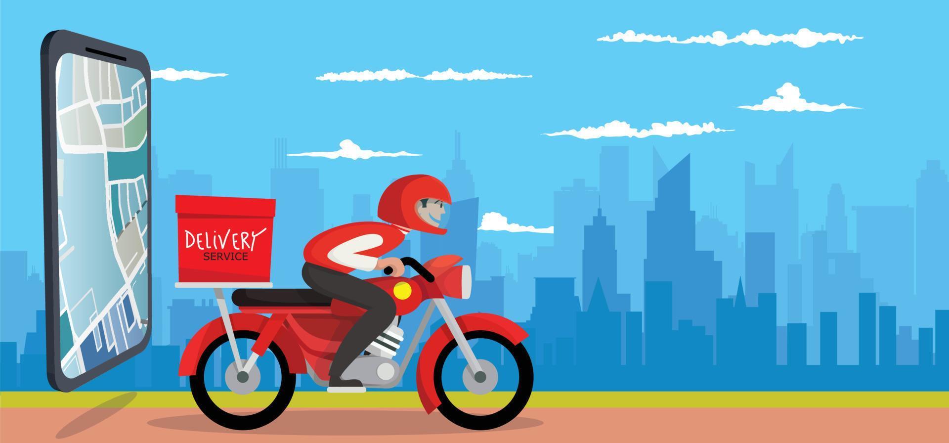 Food delivery app on a smartphone tracking a delivery man on a moped with a ready meal, technology and logistics concept, city skyline in the background vector