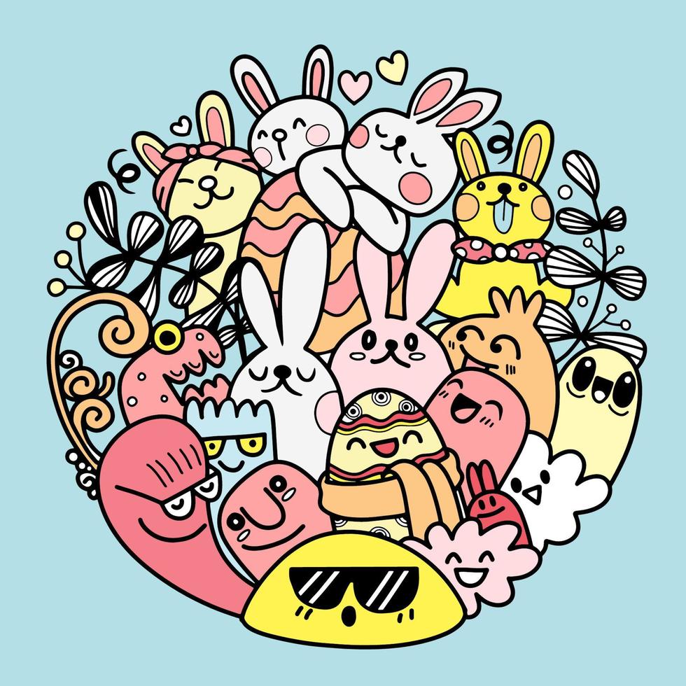 Conjunto vectorial de pascua con lindos conejitos, flores y huevos. diseño en círculo, elementos y signos en estilo de dibujos animados. ilustración vectorial vector