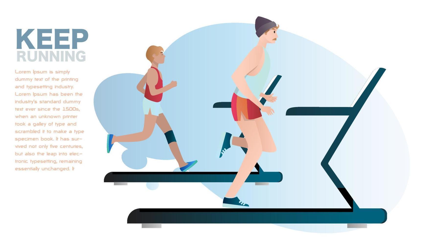 young man running on treadmill isolated. Vector flat style illustration