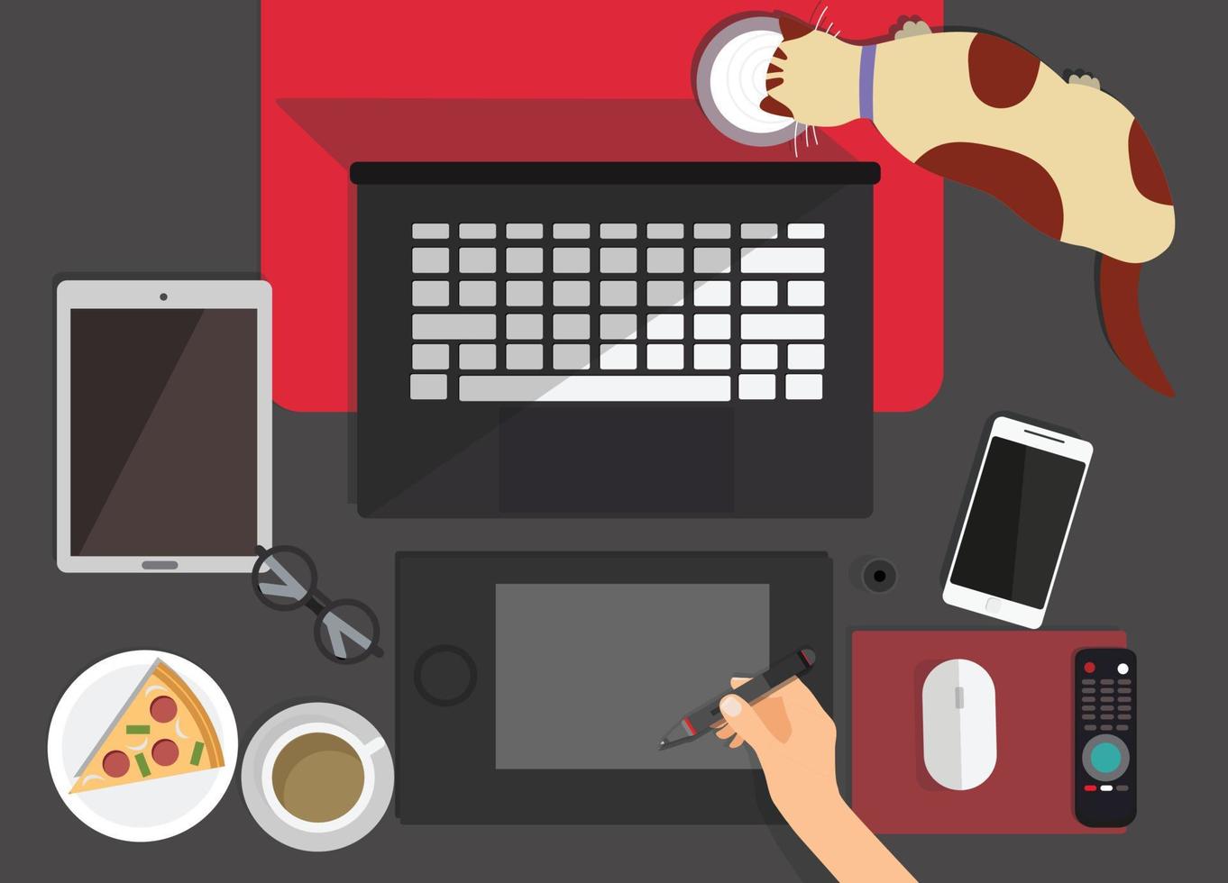 concept coronavirus COVID-19. The company allows employees to work from home to avoid viruses.Top view of graphic designer  workplace on background. Flat design of workspace with laptop,coffee,Pizza vector