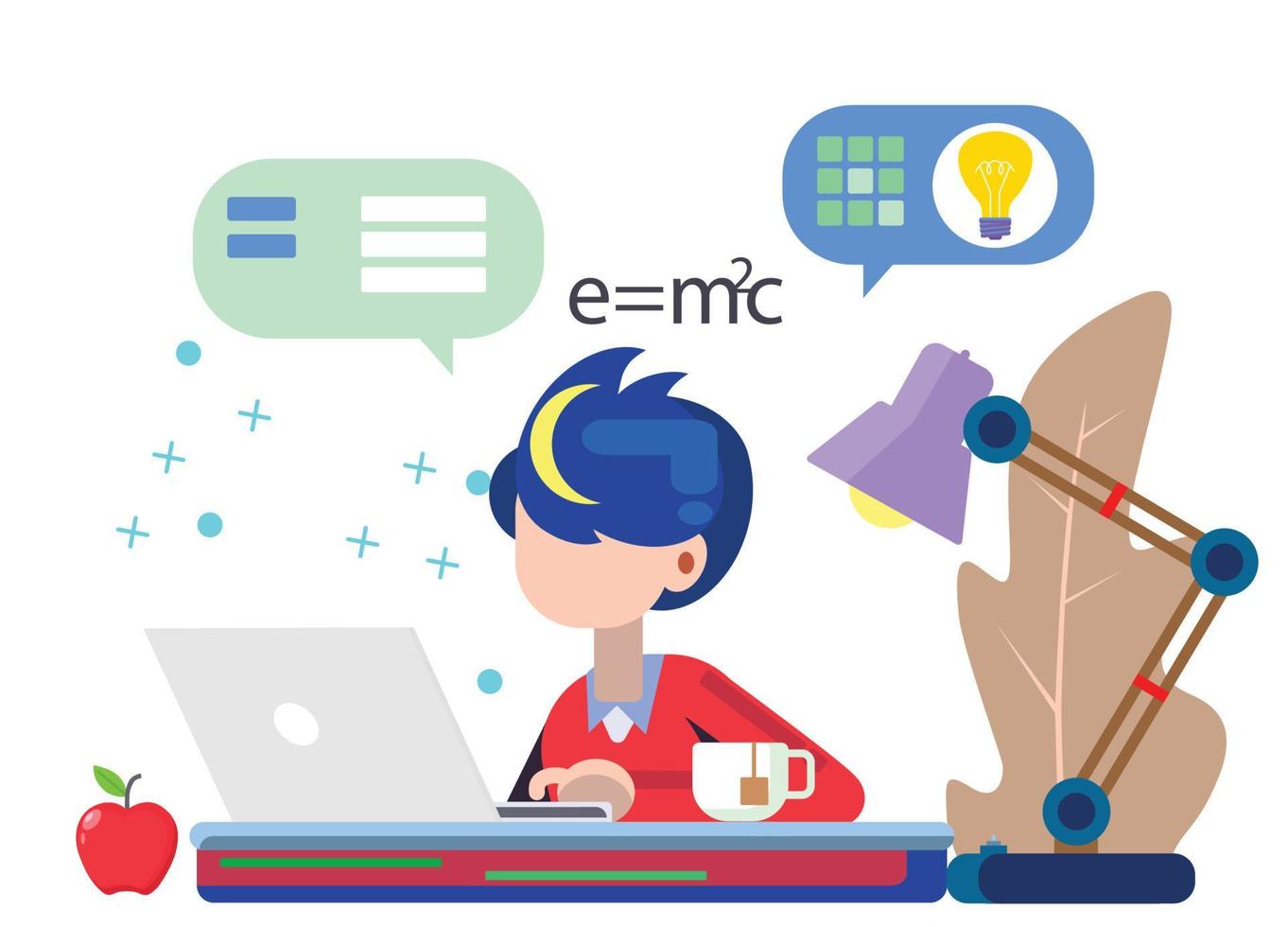 Student in learning process, Kid sitting his desk studying online using his computer flat vector illustration with work table,The people stay at home to prevent from spread of coronavirus