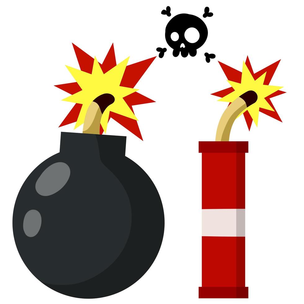 bomba y objetos explosivos. elemento peligroso. explosión y fuego. vector