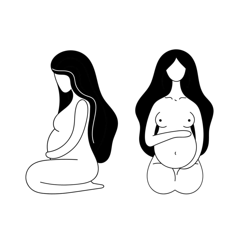 Vector set of contour beautiful nude pregnant women. Maternity, birth, preparation for childbirth, prenatal medical center. Doodle hand illustration isolated on white background.