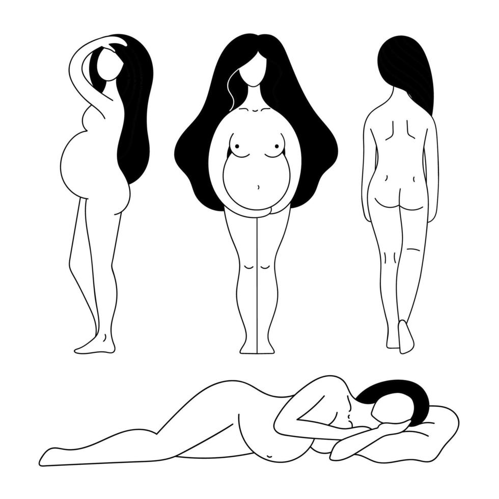 conjunto de vectores de contorno hermosas mujeres embarazadas desnudas. maternidad, parto, preparación al parto, centro médico prenatal. ilustración de mano de garabato aislada sobre fondo blanco.