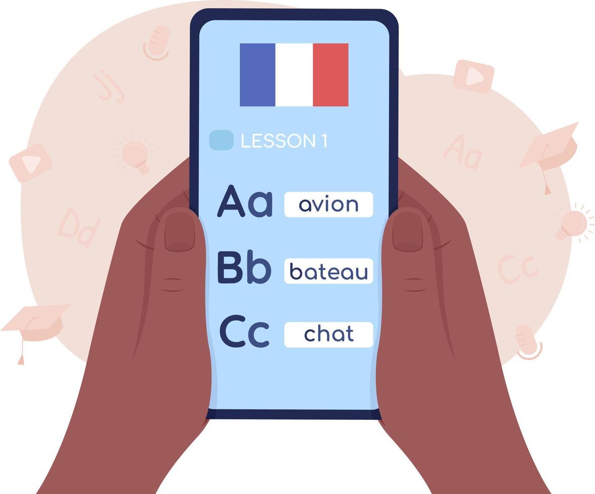 Studying French with smartphone 2D vector isolated illustration