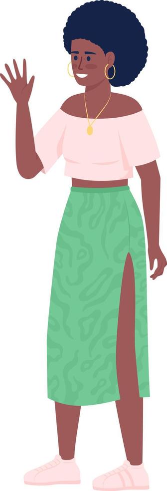 Fashionable woman waving hand semi flat color vector character