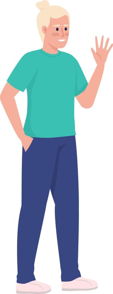 Smiling young man waving hand semi flat color vector character