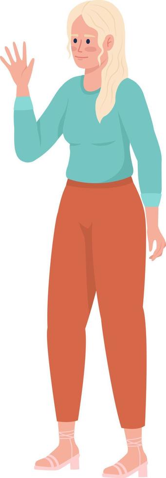 Pretty young woman waving hand semi flat color vector character