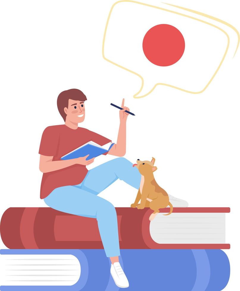 Young man learning japanese by himself semi flat color vector character