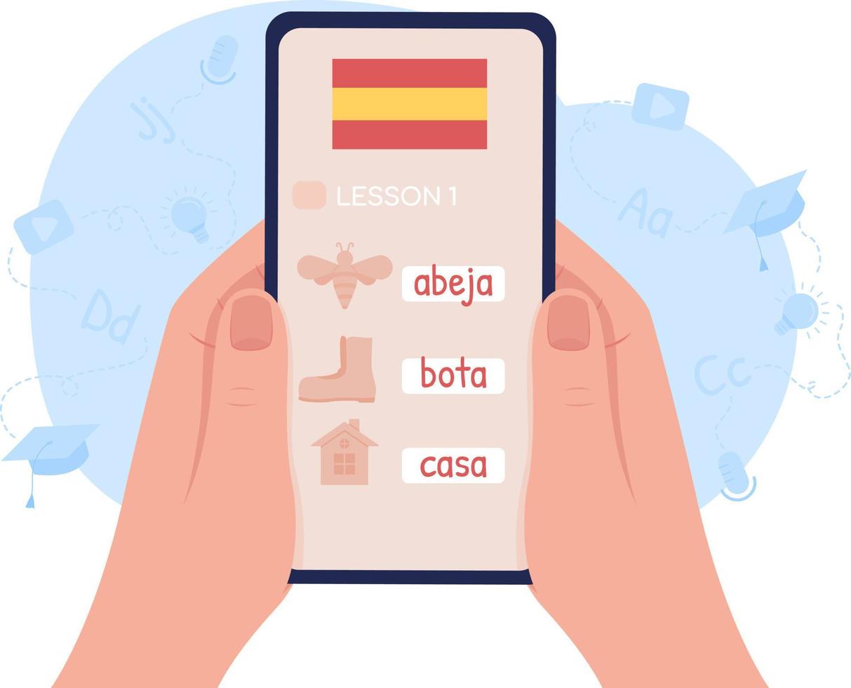 Studying Spanish language online 2D vector isolated illustration