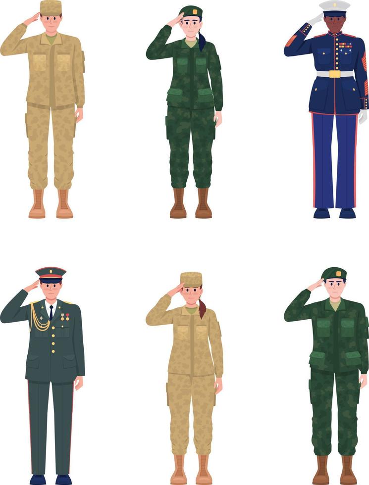 Officers in uniforms semi flat color vector characters set