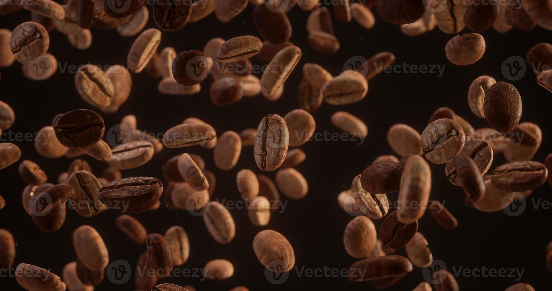 Coffee beans falling on dark background. Coffee Beans Fall. Coffe Production. Coffee in Breakfast. 3d render closeup of roasted offee beans falling. photo