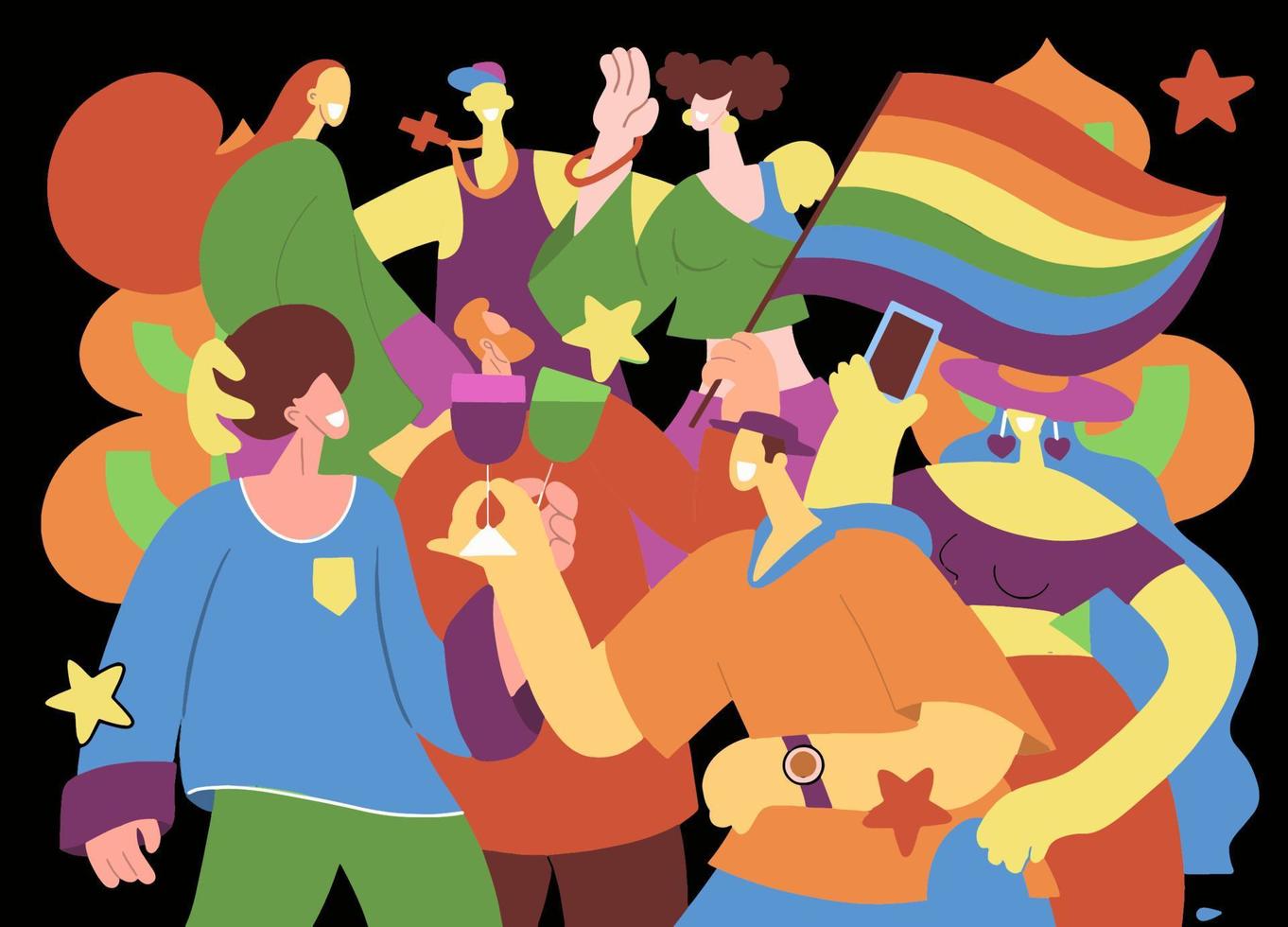 una multitud marchando en un desfile del orgullo.una tendencia que involucra a un conjunto diverso de personas, una ilustración vectorial de un garabato vector