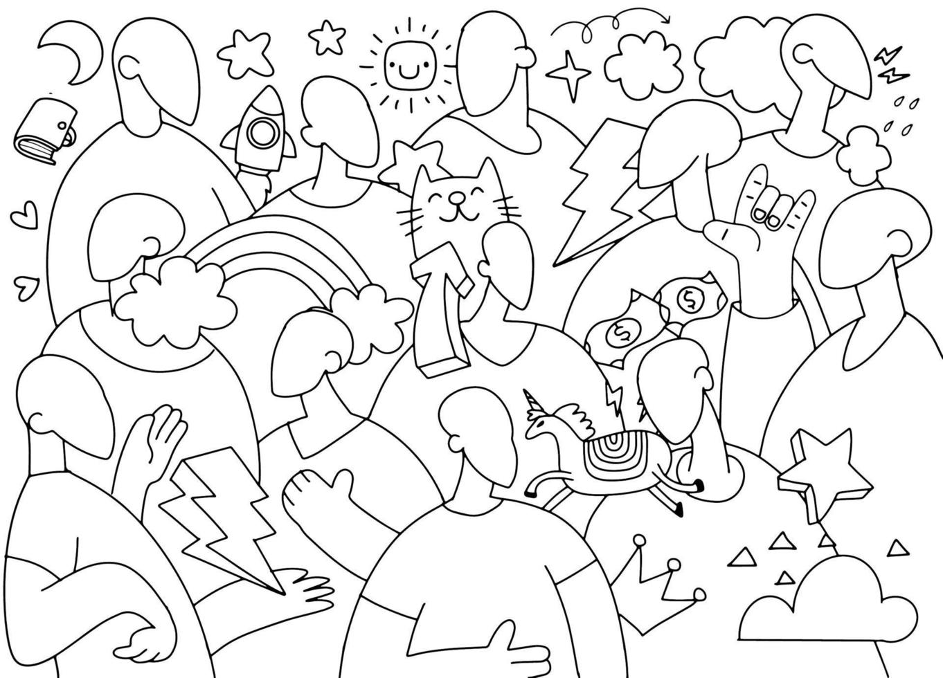 A crowd marching in a Pride parade.a trend that involves a diverse set of people, A vector illustration of a doodle