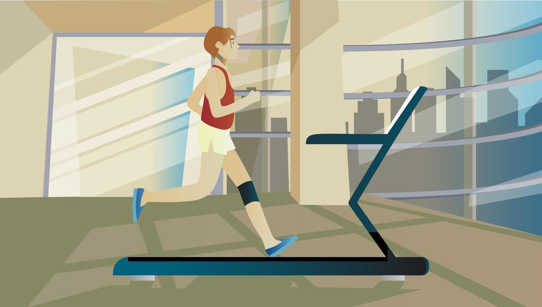 young man running on treadmill isolated. Vector flat style illustration