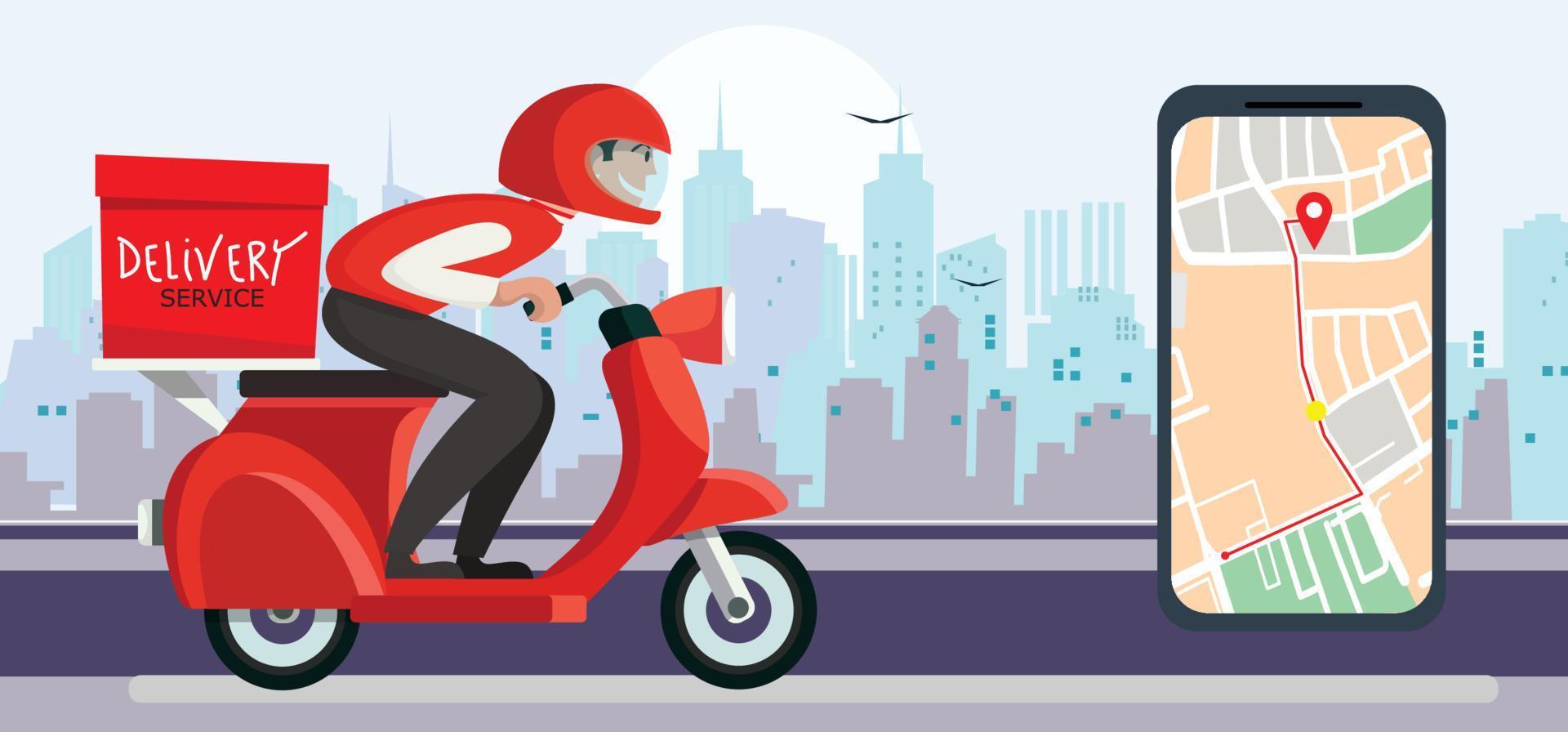 repartidor montando una ilustración de scooter rojo, aplicación de servicio de entrega en el teléfono móvil. moto de entrega y teléfono móvil con mapa en el fondo de la ciudad. ilustración vectorial de estilo plano. vector