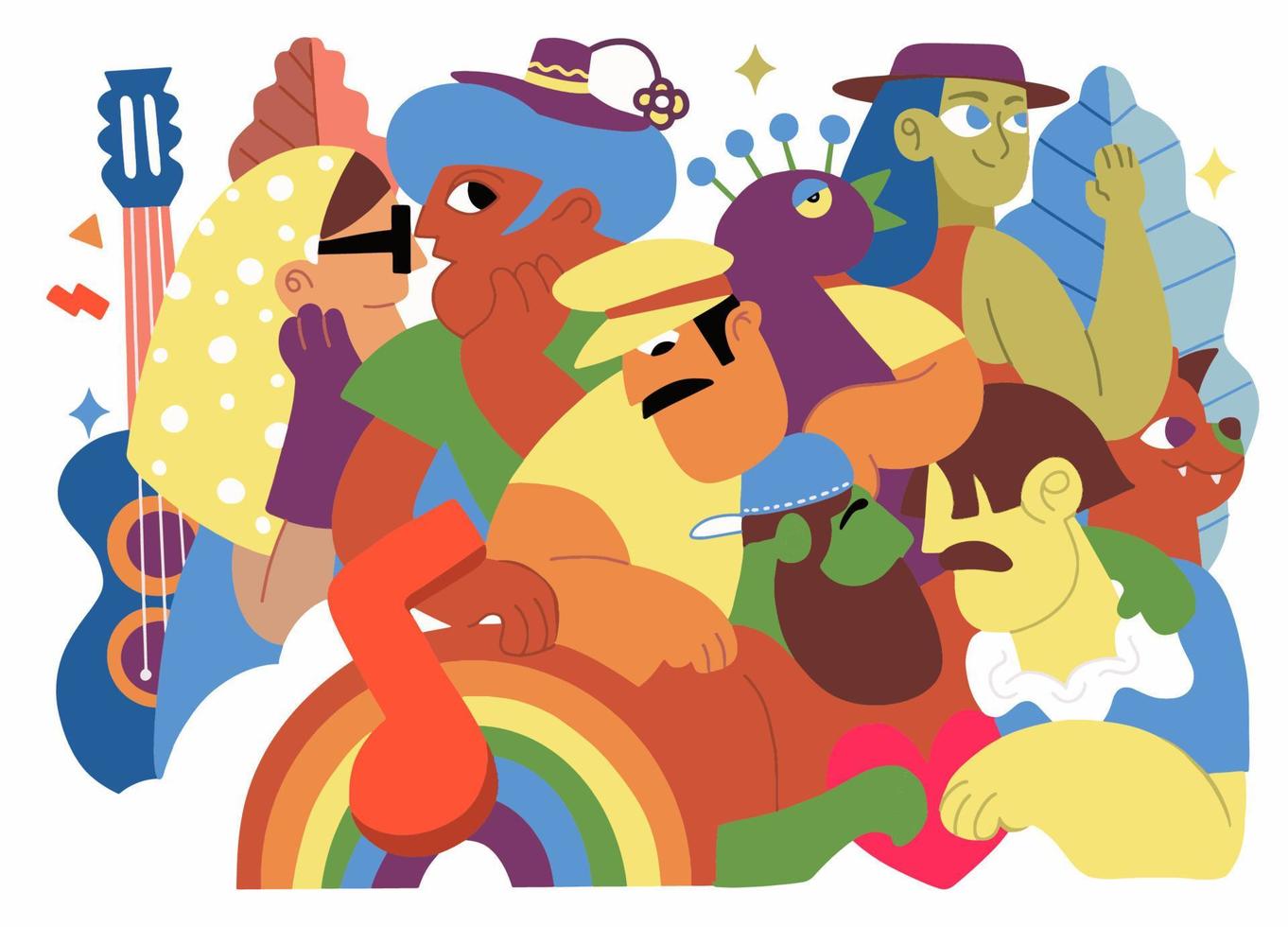 A crowd marching in a Pride parade.a trend that involves a diverse set of people, A vector illustration of a doodle