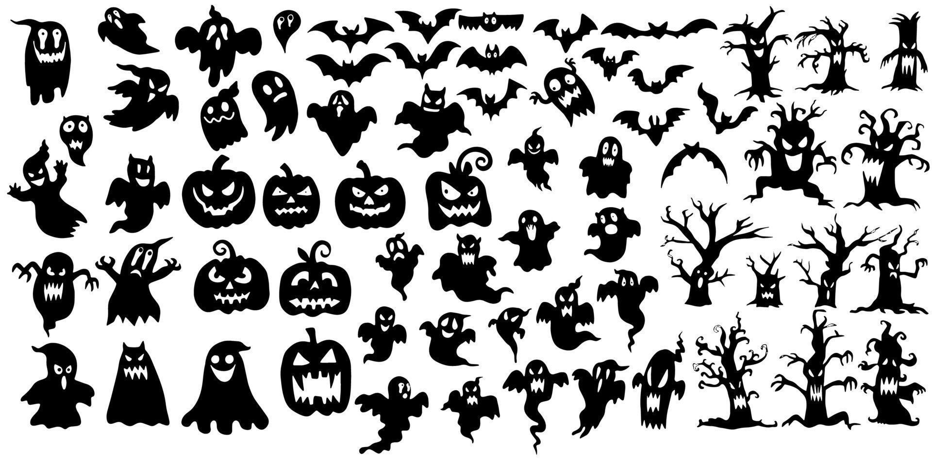 Collection of halloween silhouettes icon and character, elements for halloween decorations Premium Vector