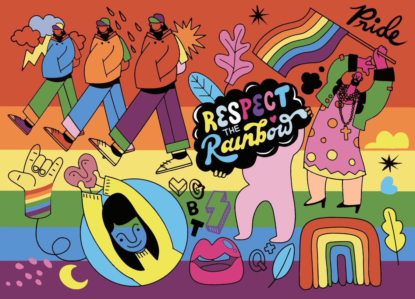 A crowd marching in a Pride parade.a trend that involves a diverse set of people, A vector illustration of a doodle