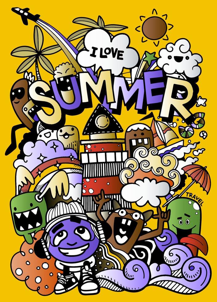 Vector illustration with hand drawn doodle cute Monster and summer elements