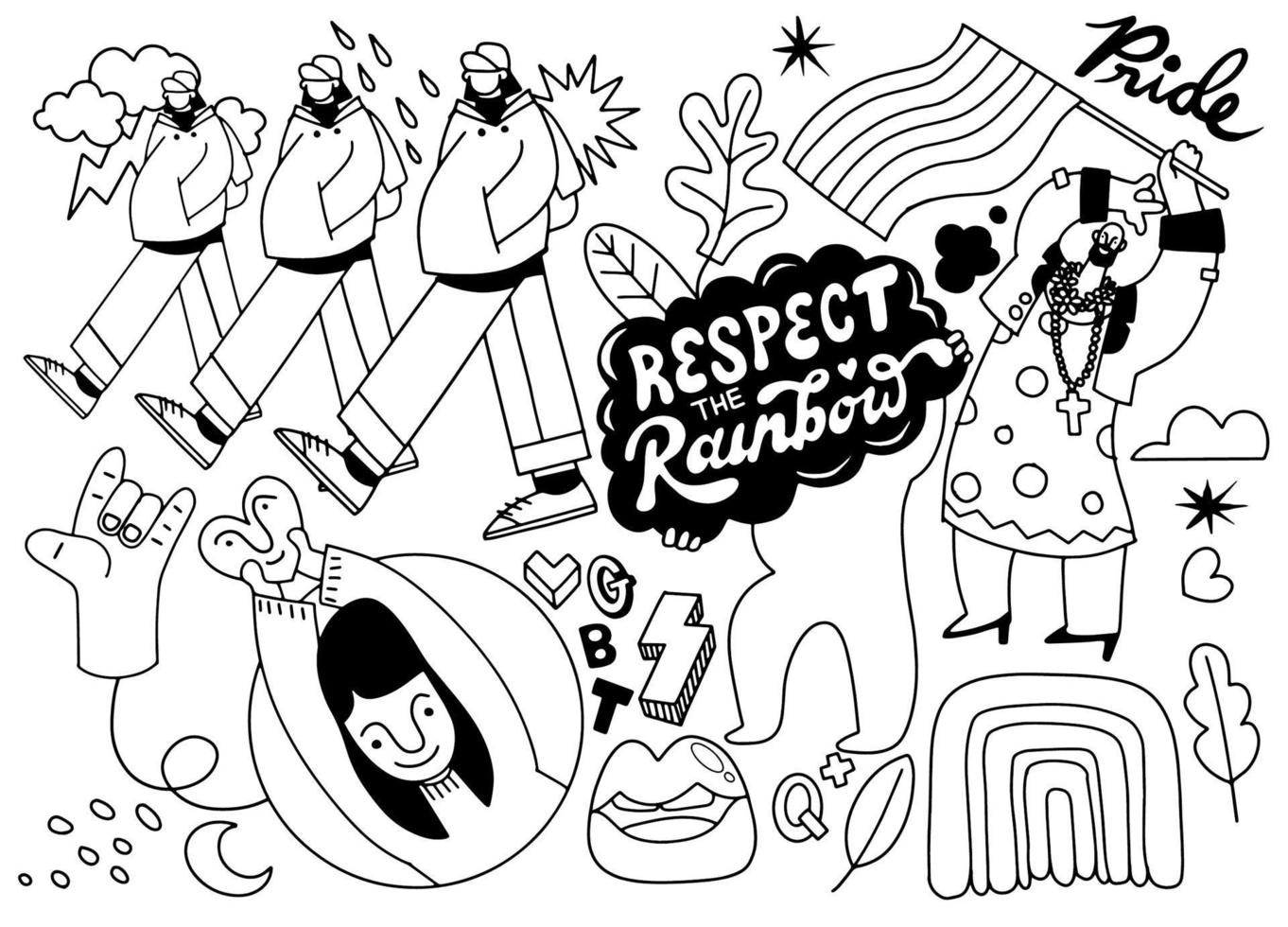 A crowd marching in a Pride parade.a trend that involves a diverse set of people, A vector illustration of a doodle