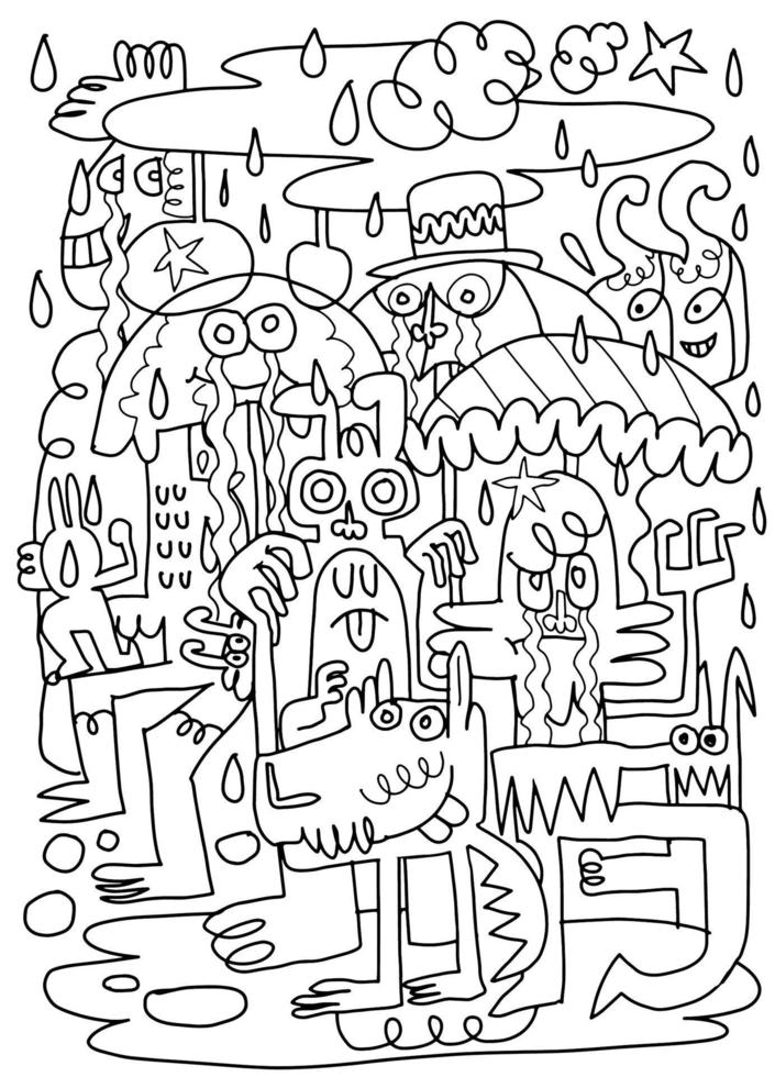 Cute monsters are playing in the rain for fun. vector