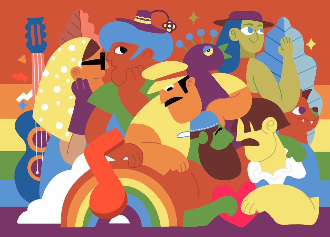 A crowd marching in a Pride parade.a trend that involves a diverse set of people, A vector illustration of a doodle