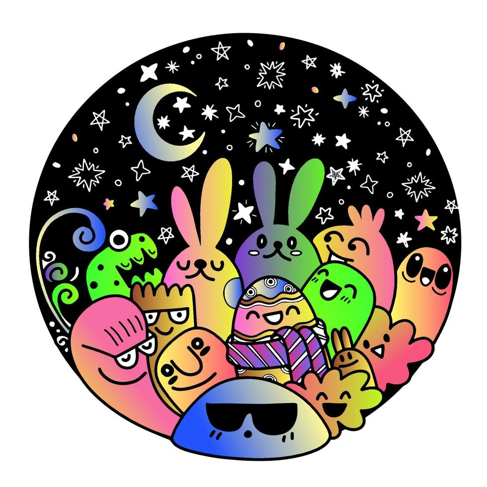 Conjunto vectorial de pascua con lindos conejitos, flores y huevos. diseño en círculo, elementos y signos en estilo de dibujos animados. ilustración vectorial vector