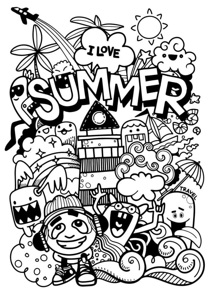 ilustración vectorial con doodle dibujado a mano monstruo lindo y elementos de verano ilustración para libro de colorear vector