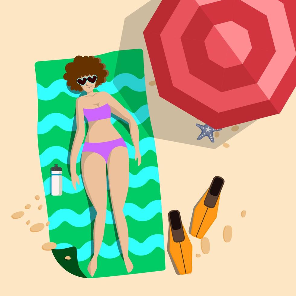 Top view, summertime, holidays poster. Young  women relax, have happy time on the beach. vector