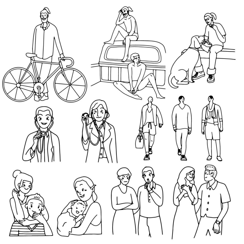 Crowd of people  activities ,thin line ,minimal doodle design illustrations. vector