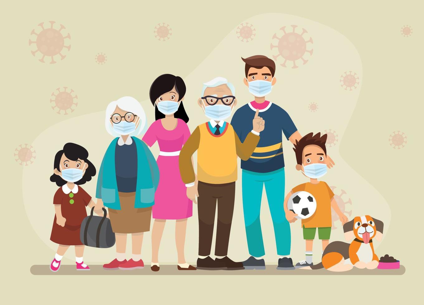 Big Family is protecting their children and them from virus COVID-19 and are wearing masks and stop the spread of viruses vector