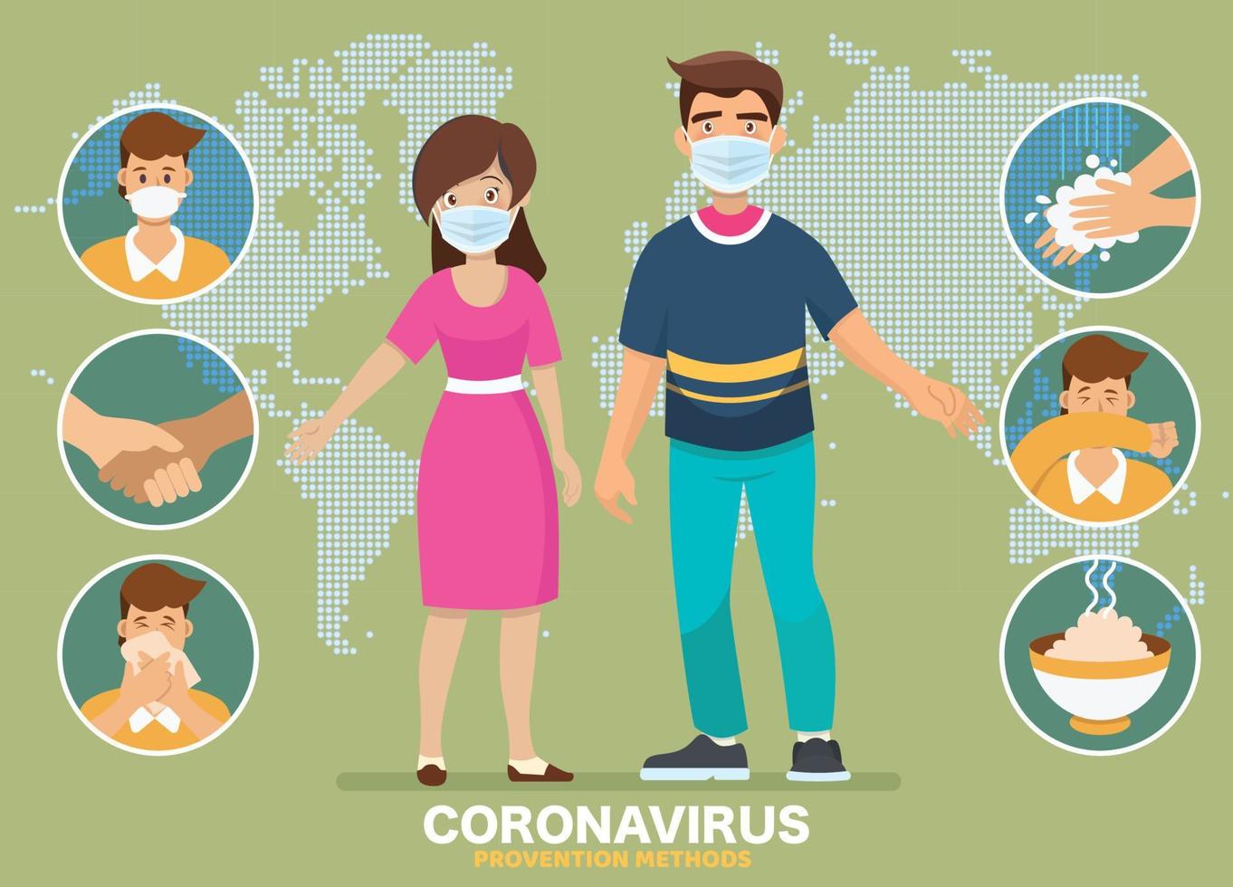 prevención del coronavirus covid-19. papá y mamá explican infografías, usan mascarillas, se lavan las manos, comen alimentos calientes y evitan ir a lugares de riesgo. vector