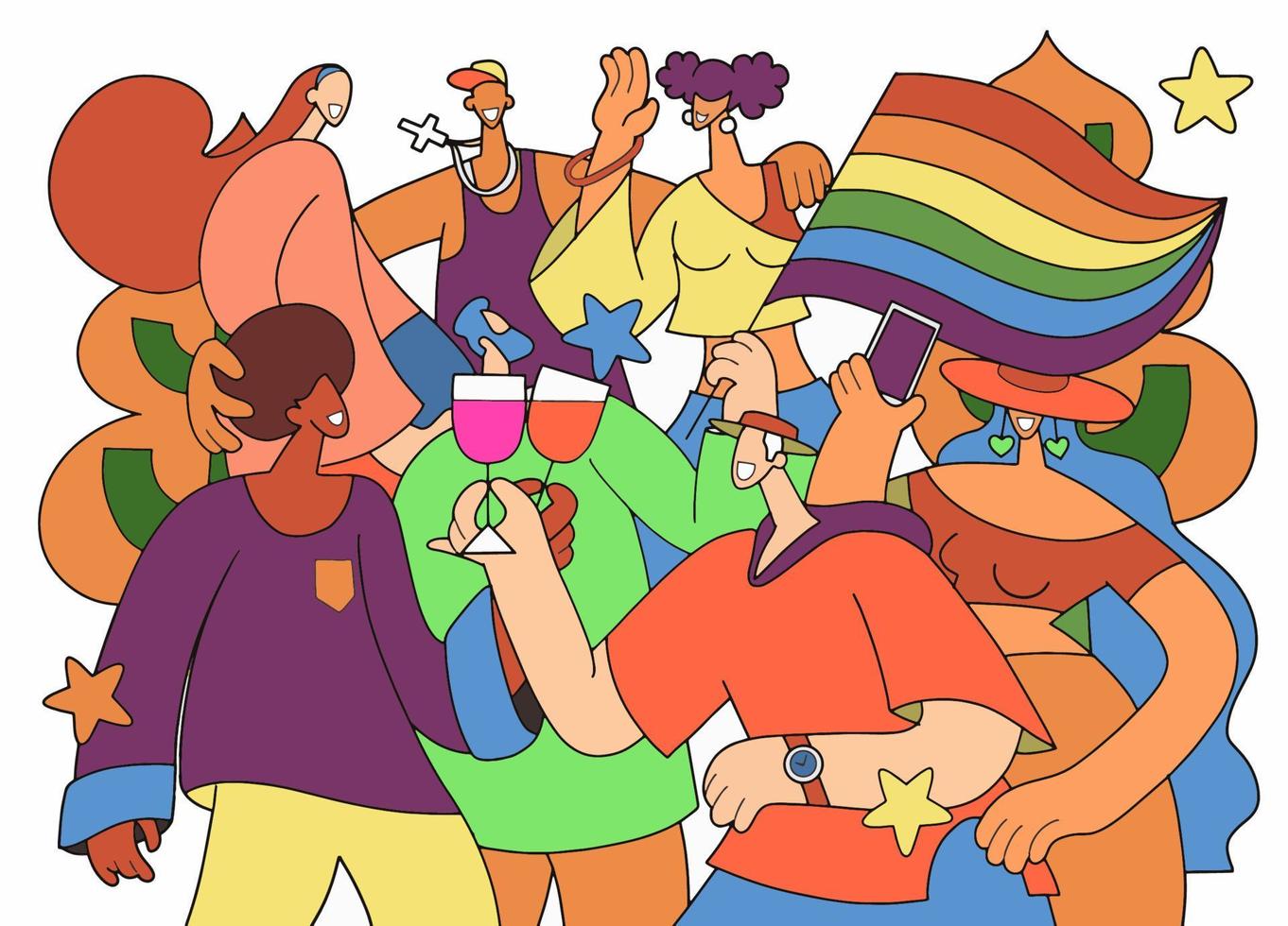 una multitud marchando en un desfile del orgullo.una tendencia que involucra a un conjunto diverso de personas, una ilustración vectorial de un garabato vector